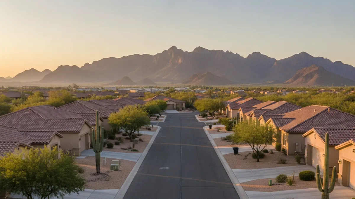 Single story Mesa, Arizona home with a desert landscaped yard and a light concrete driveway